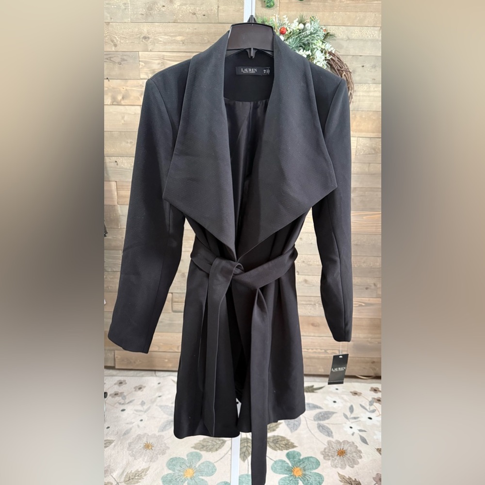 NWT Lauren Ralph Lauren Black Crepe Belted Drape Front coat medium